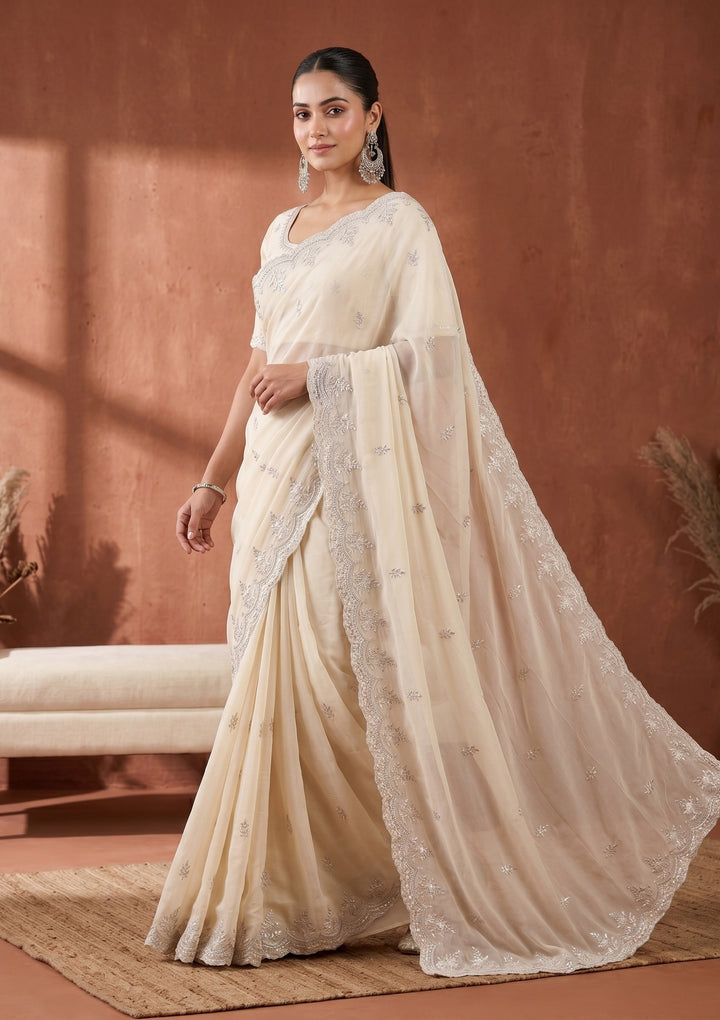 Cream Threadwork Georgette Saree