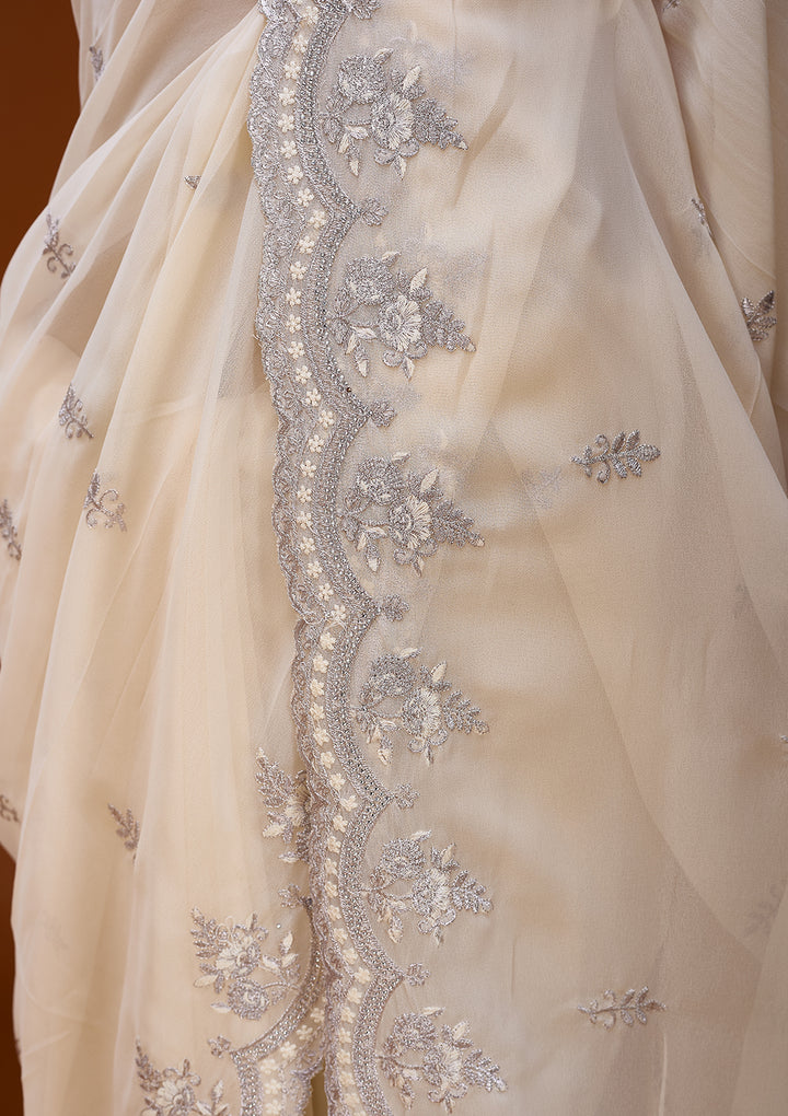 Cream Threadwork Georgette Saree