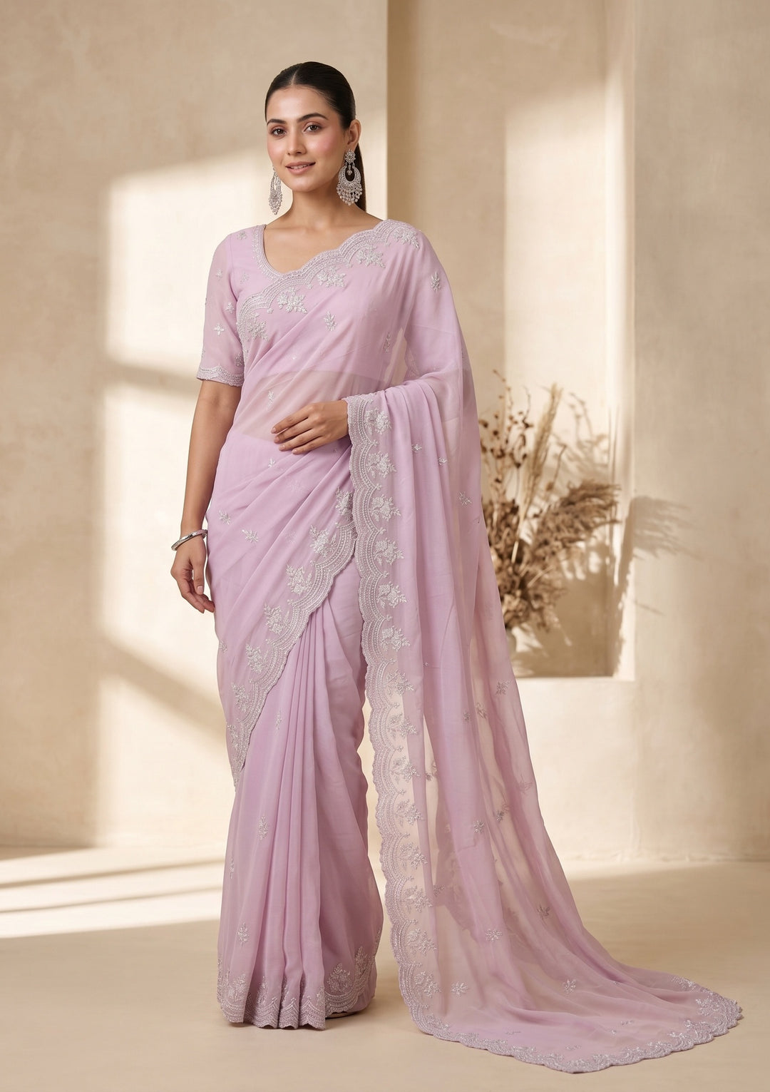 Lavender Threadwork Georgette Saree