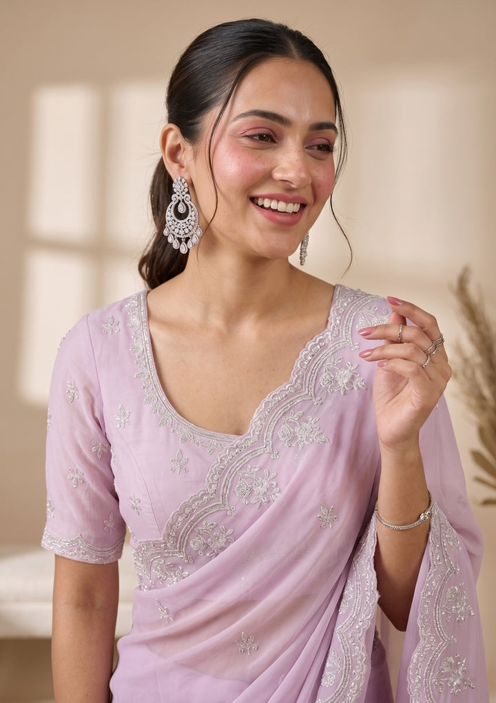 Lavender Threadwork Georgette Saree