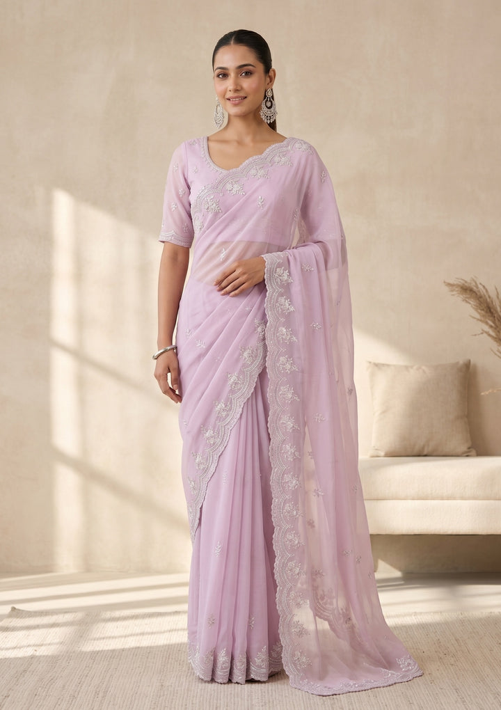 Lavender Threadwork Georgette Saree