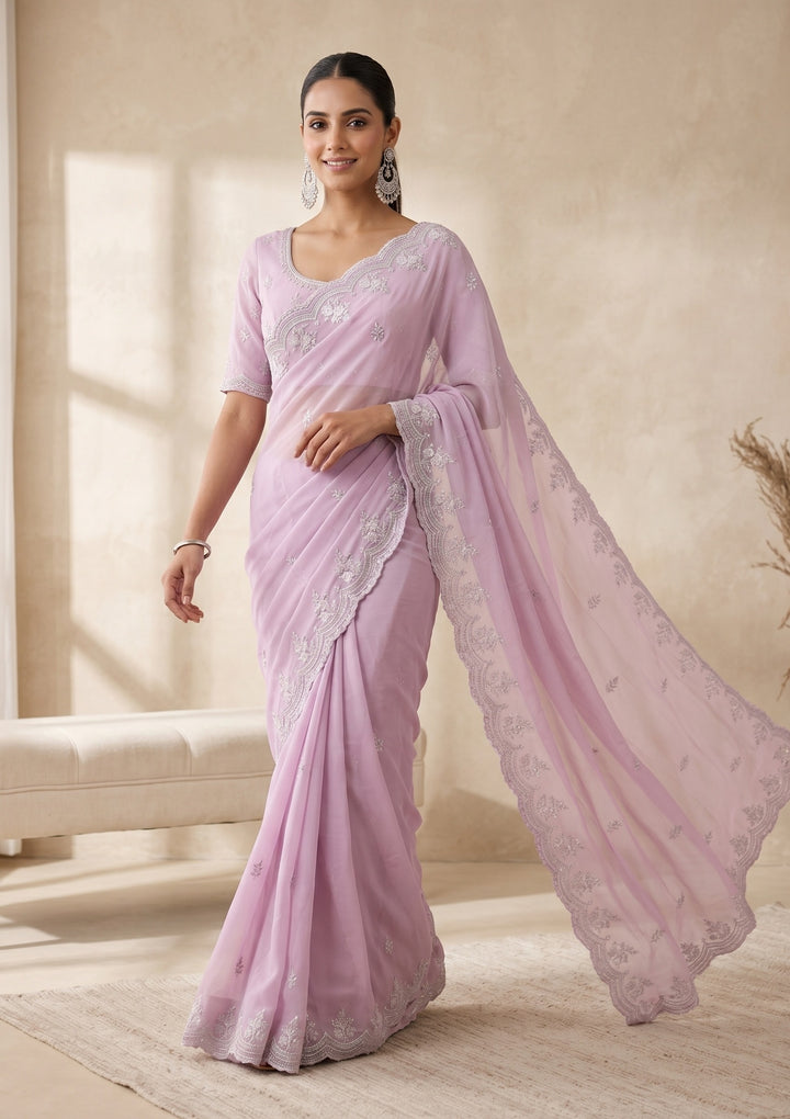 Lavender Threadwork Georgette Saree