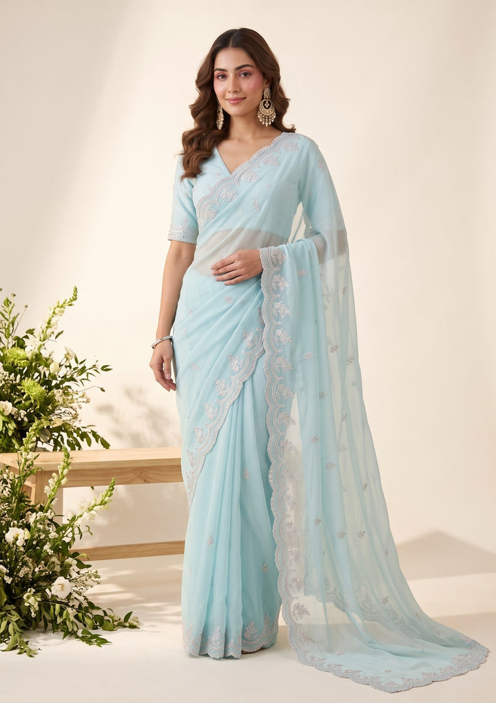 Sky Blue Threadwork Georgette Saree