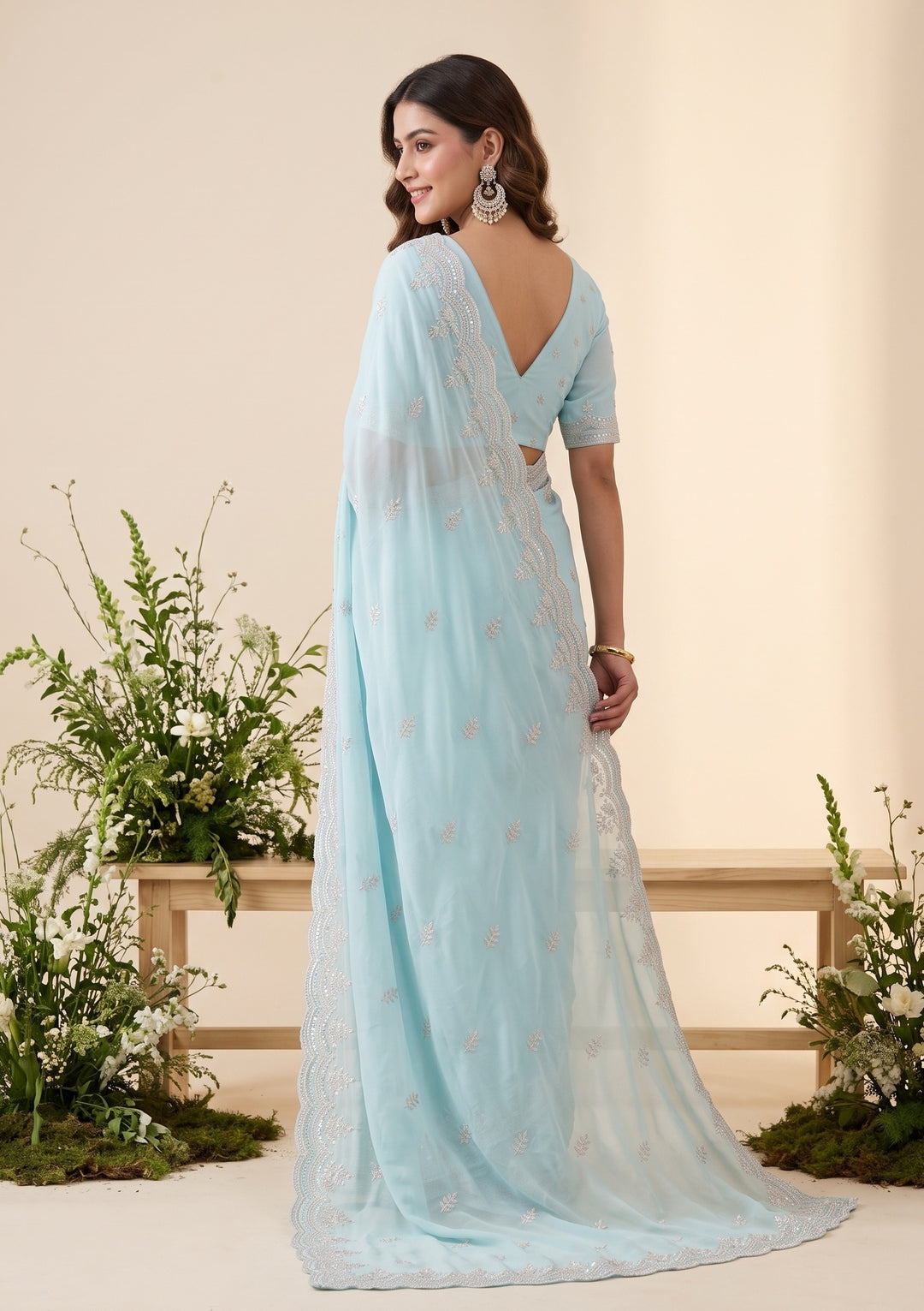 Sky Blue Threadwork Georgette Saree