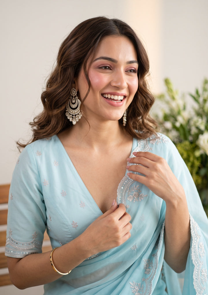 Sky Blue Threadwork Georgette Saree