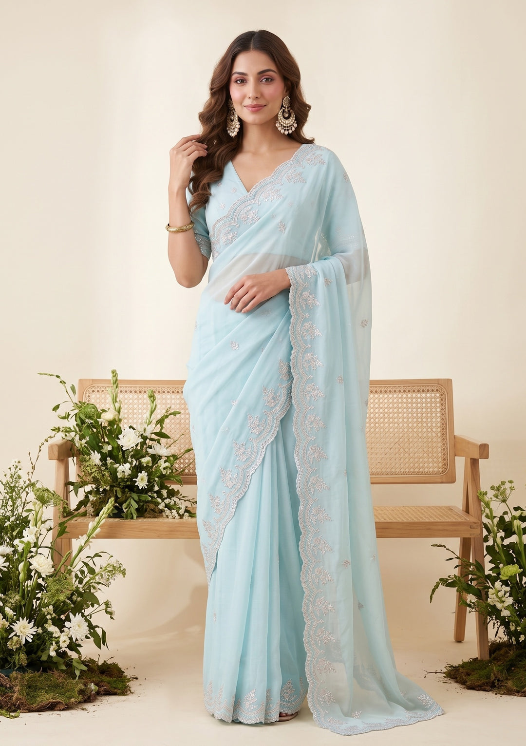 Sky Blue Threadwork Georgette Saree