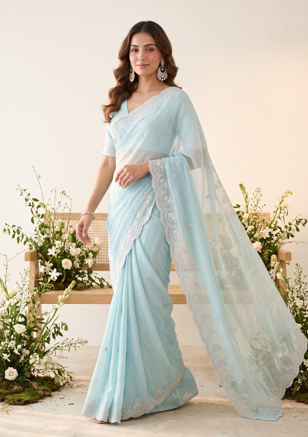 Sky Blue Threadwork Georgette Saree