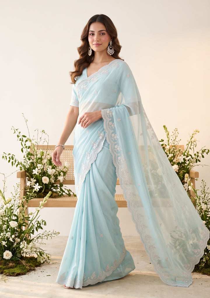 Sky Blue Threadwork Georgette Saree