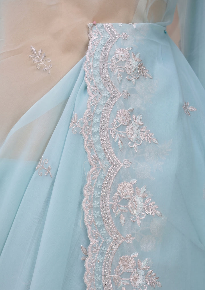Sky Blue Threadwork Georgette Saree