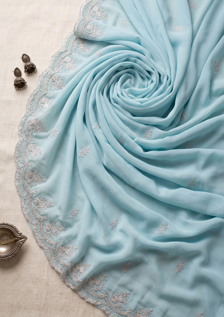 Sky Blue Threadwork Georgette Saree