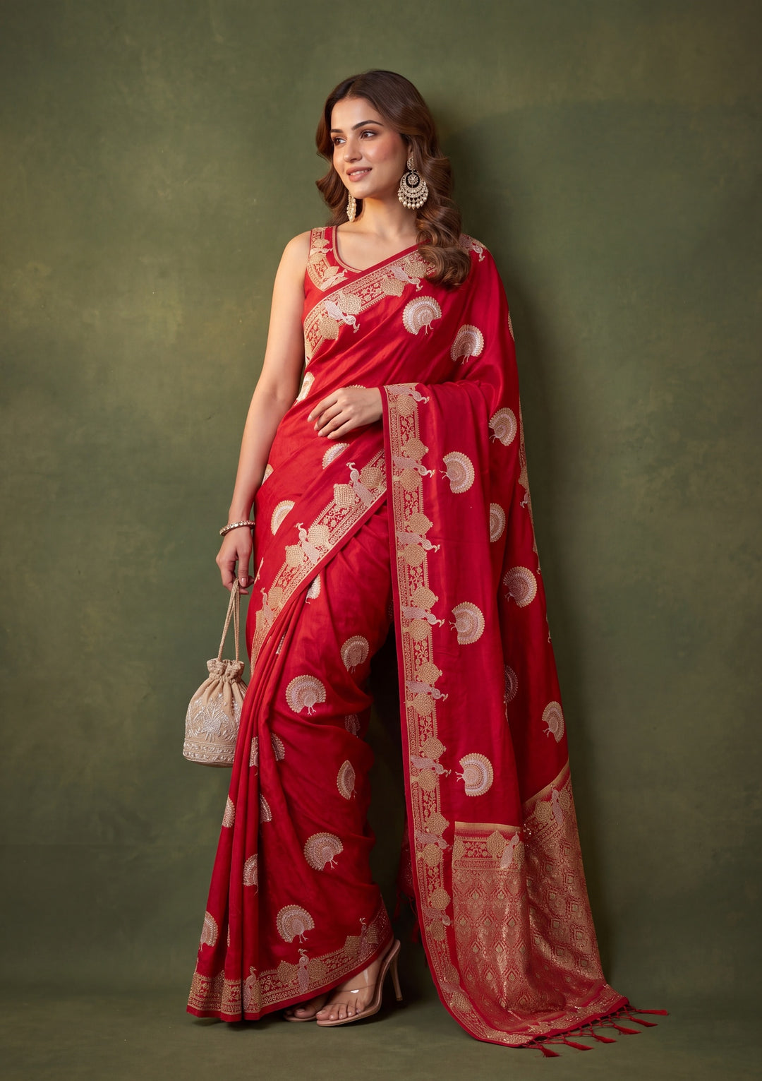 Red Art Silk Jaal Cutdana Saree With Matching Blouse Piece