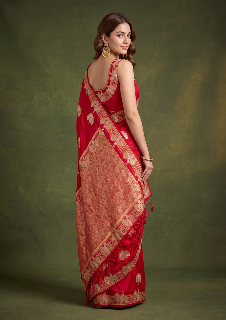 Red Art Silk Jaal Cutdana Saree With Matching Blouse Piece