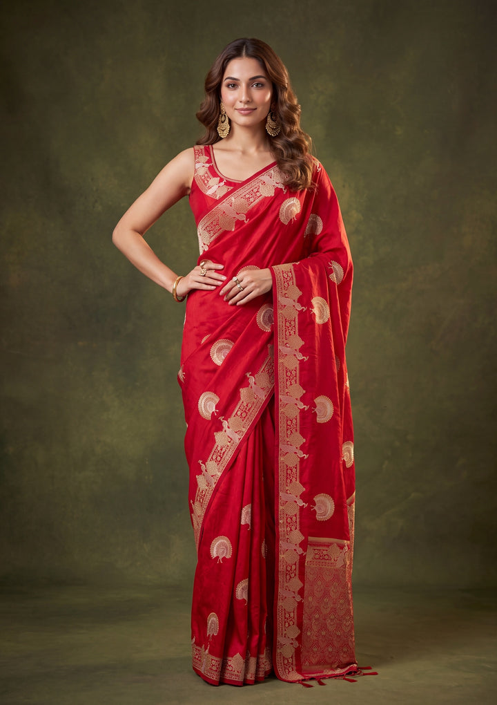 Red Art Silk Jaal Cutdana Saree With Matching Blouse Piece