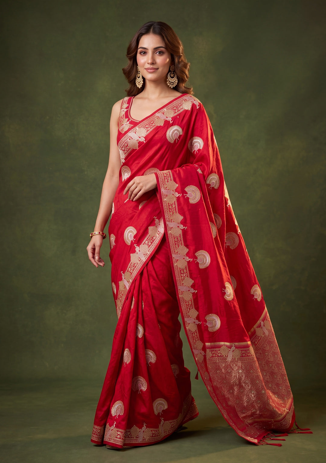 Red Art Silk Jaal Cutdana Saree With Matching Blouse Piece