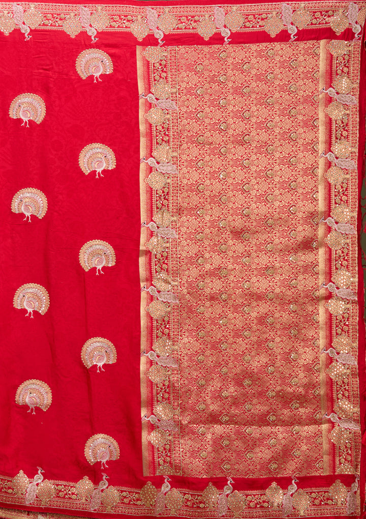 Red Art Silk Jaal Cutdana Saree With Matching Blouse Piece