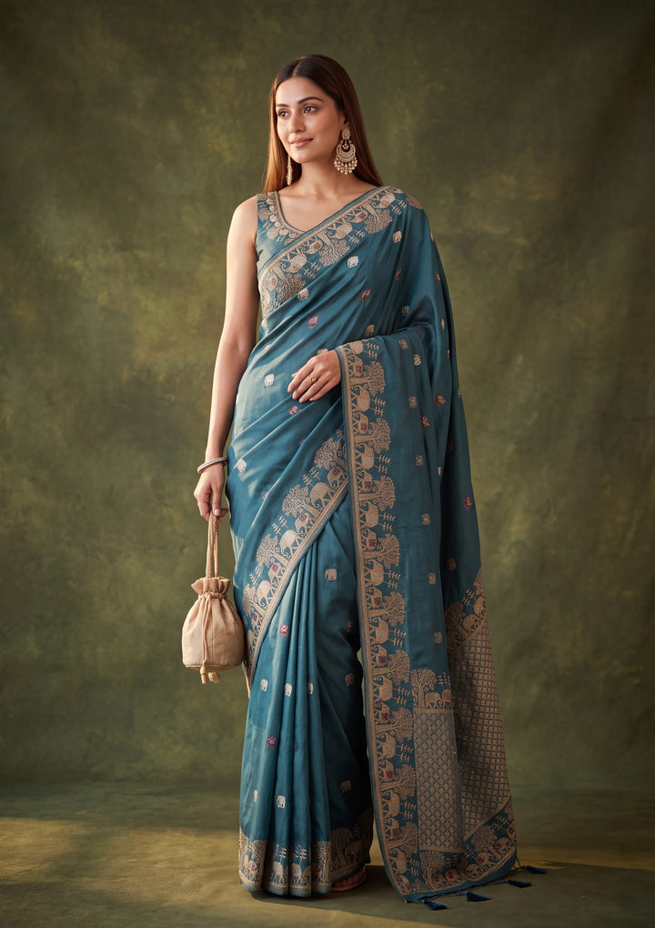 Peacock Blue Art Silk Buti Saree With Matching Blouse Piece