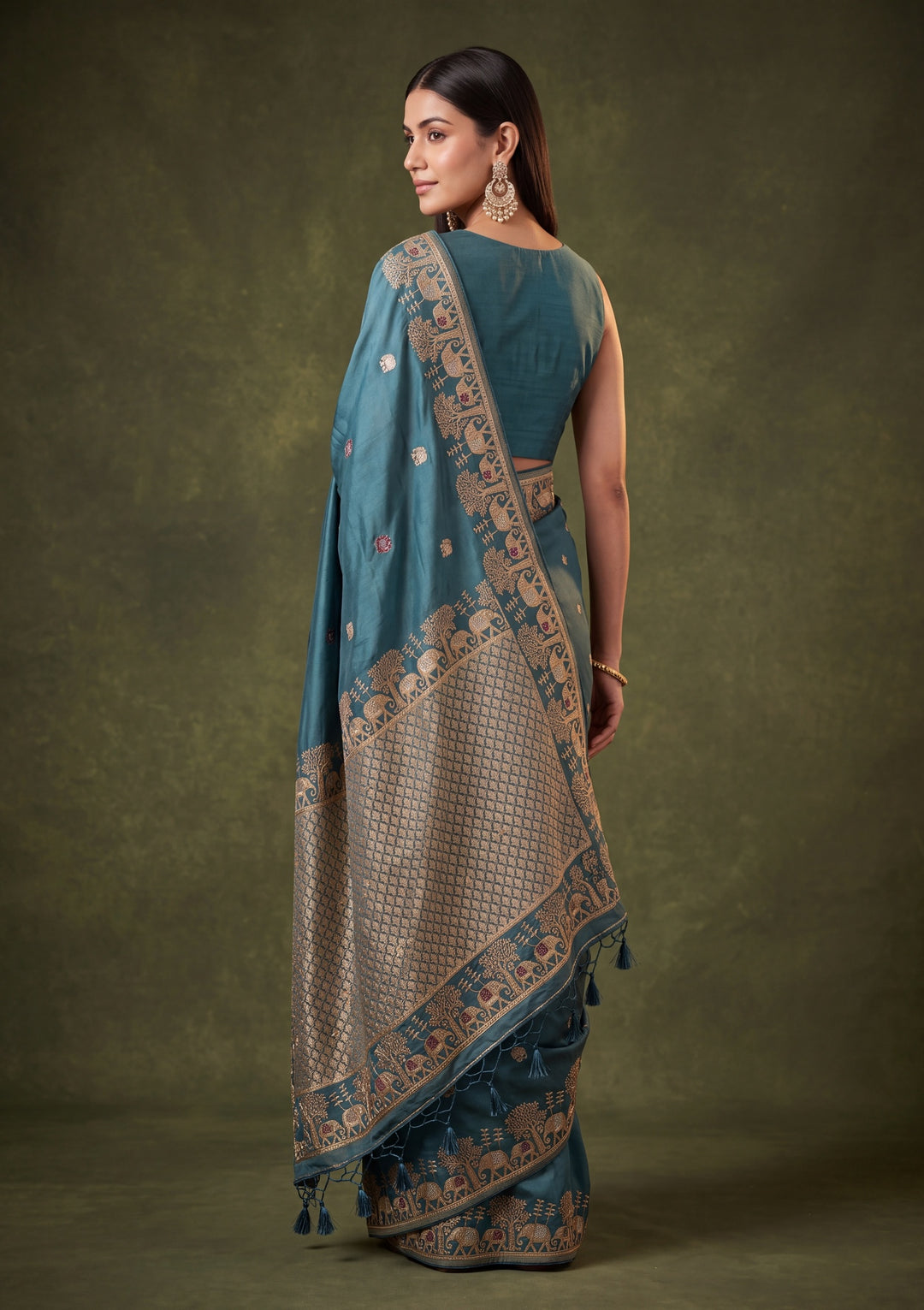 Peacock Blue Art Silk Buti Saree With Matching Blouse Piece