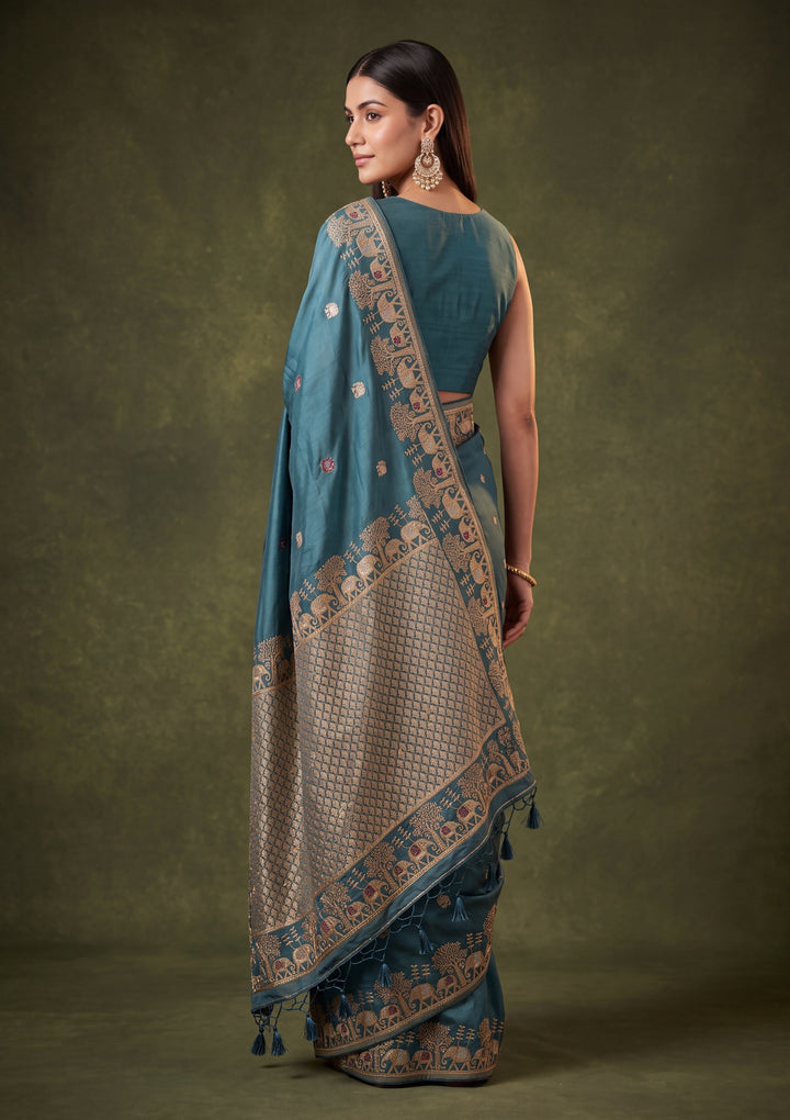 Peacock Blue Art Silk Buti Saree With Matching Blouse Piece