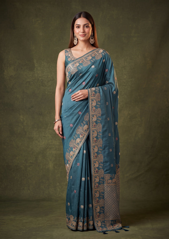 Peacock Blue Art Silk Buti Saree With Matching Blouse Piece
