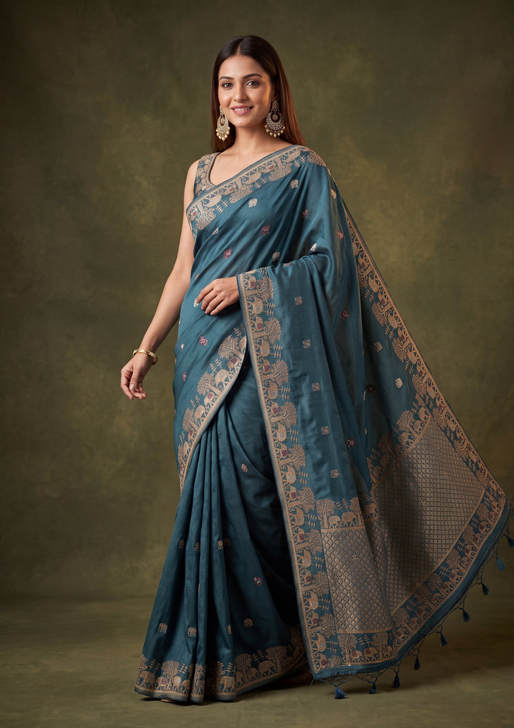 Peacock Blue Art Silk Buti Saree With Matching Blouse Piece
