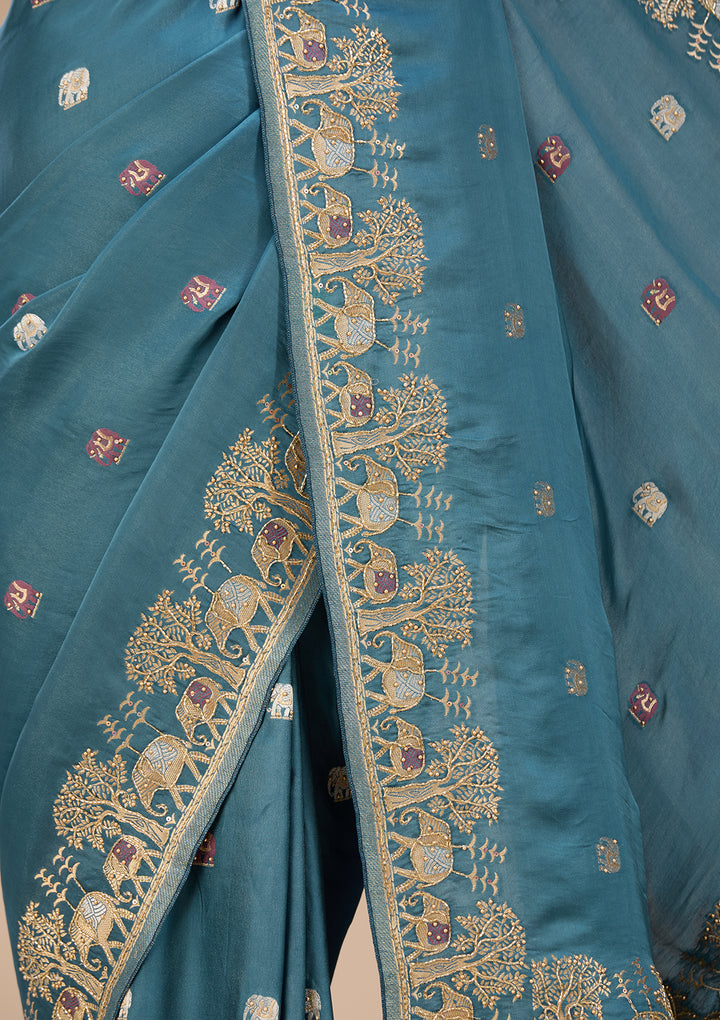 Peacock Blue Art Silk Buti Saree With Matching Blouse Piece