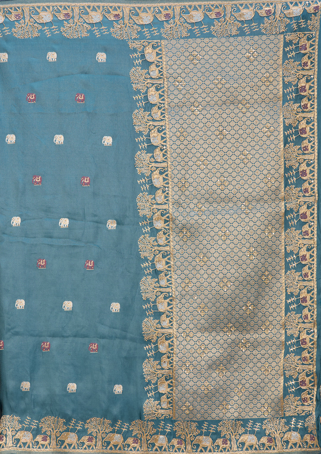 Peacock Blue Art Silk Buti Saree With Matching Blouse Piece