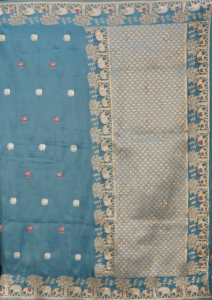 Peacock Blue Art Silk Buti Saree With Matching Blouse Piece