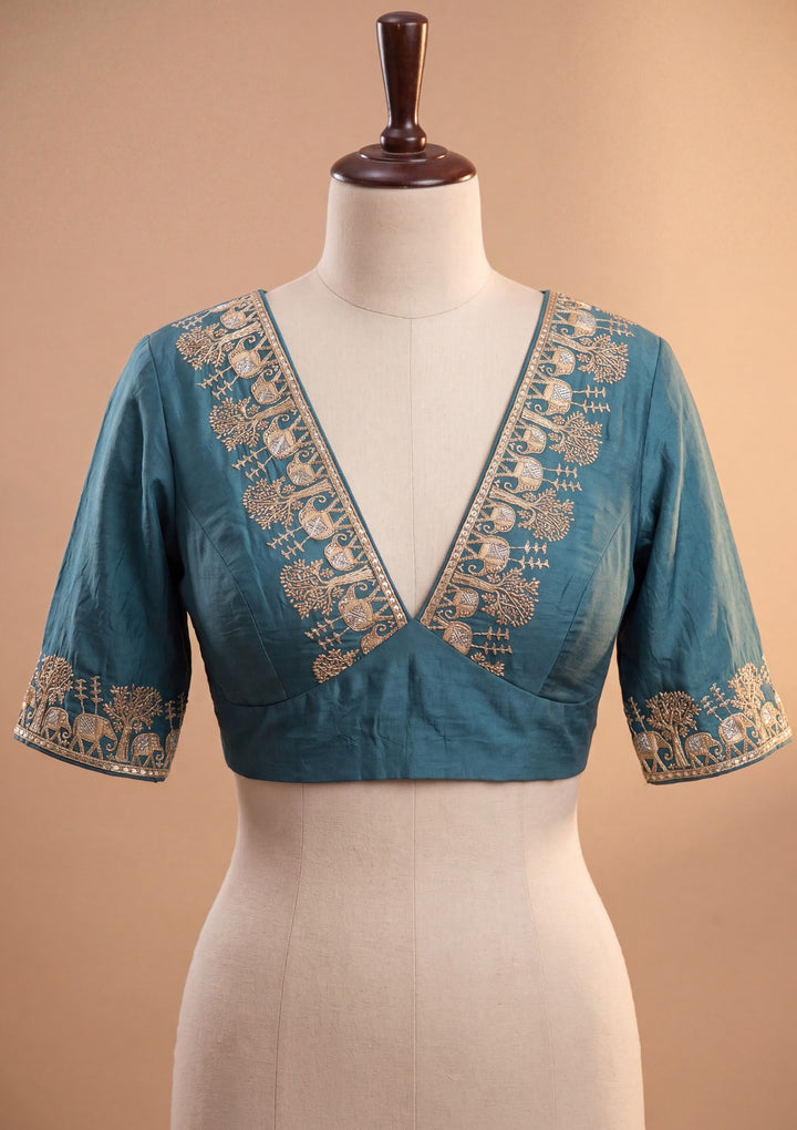 Peacock Blue Art Silk Buti Saree With Matching Blouse Piece