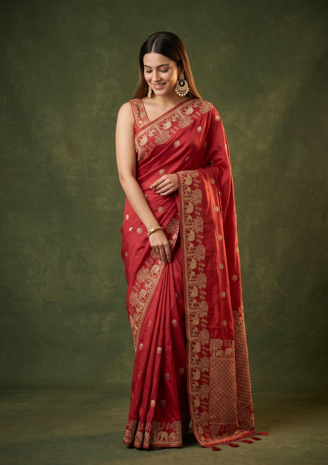 Red Art Silk Buti Saree With Matching Blouse Piece