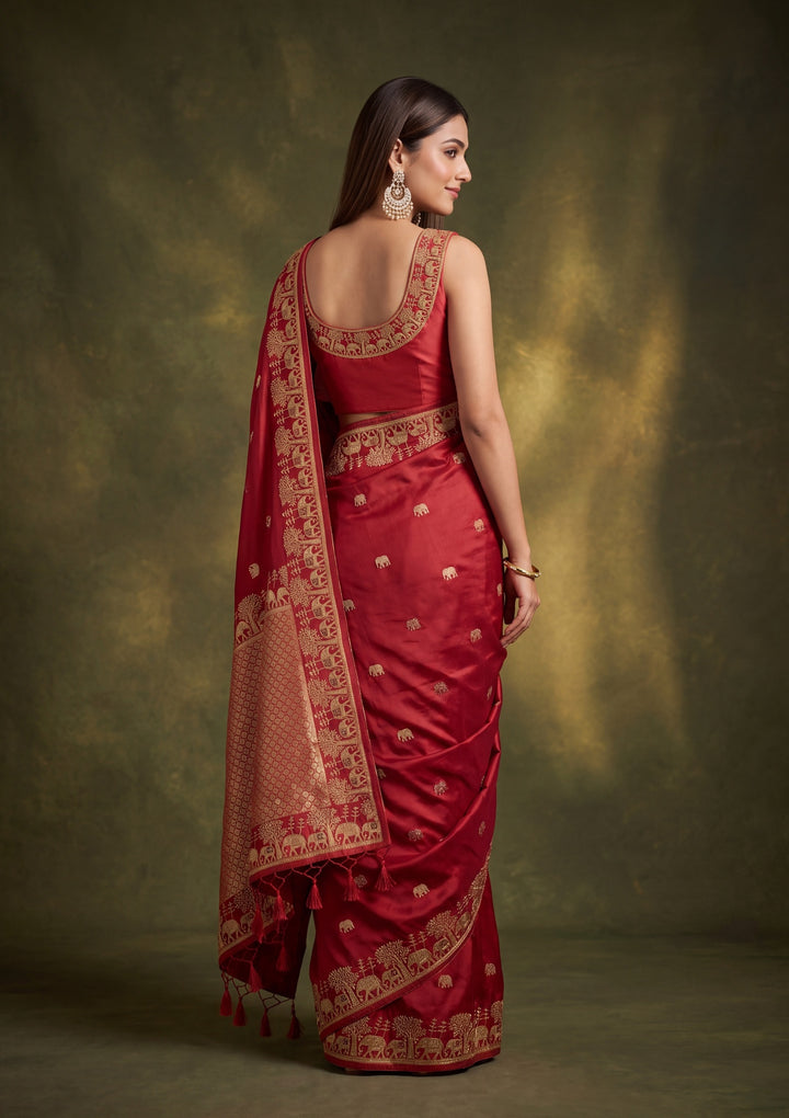 Red Art Silk Buti Saree With Matching Blouse Piece