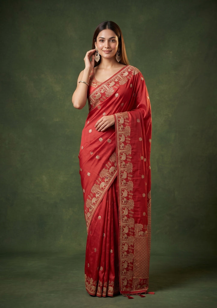 Red Art Silk Buti Saree With Matching Blouse Piece