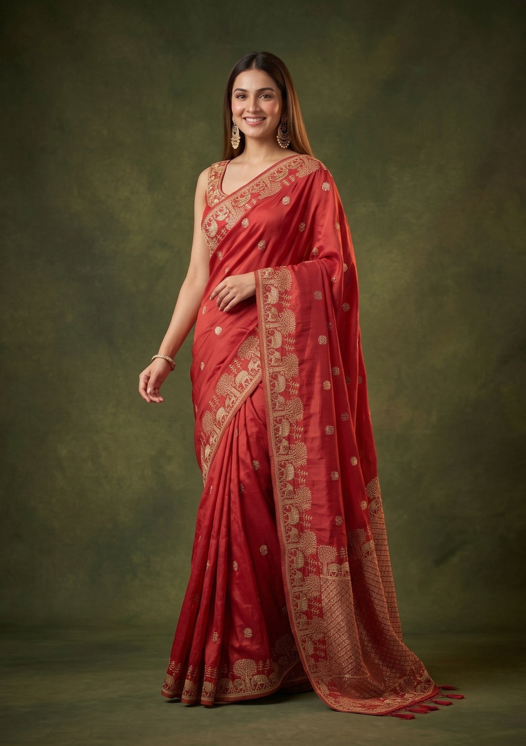 Red Art Silk Buti Saree With Matching Blouse Piece