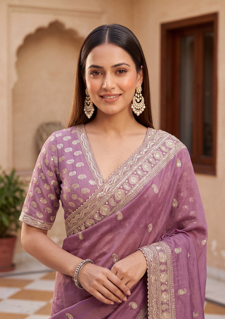 Dark Lavender Tissue Sequins Saree With Matching Blouse Piece