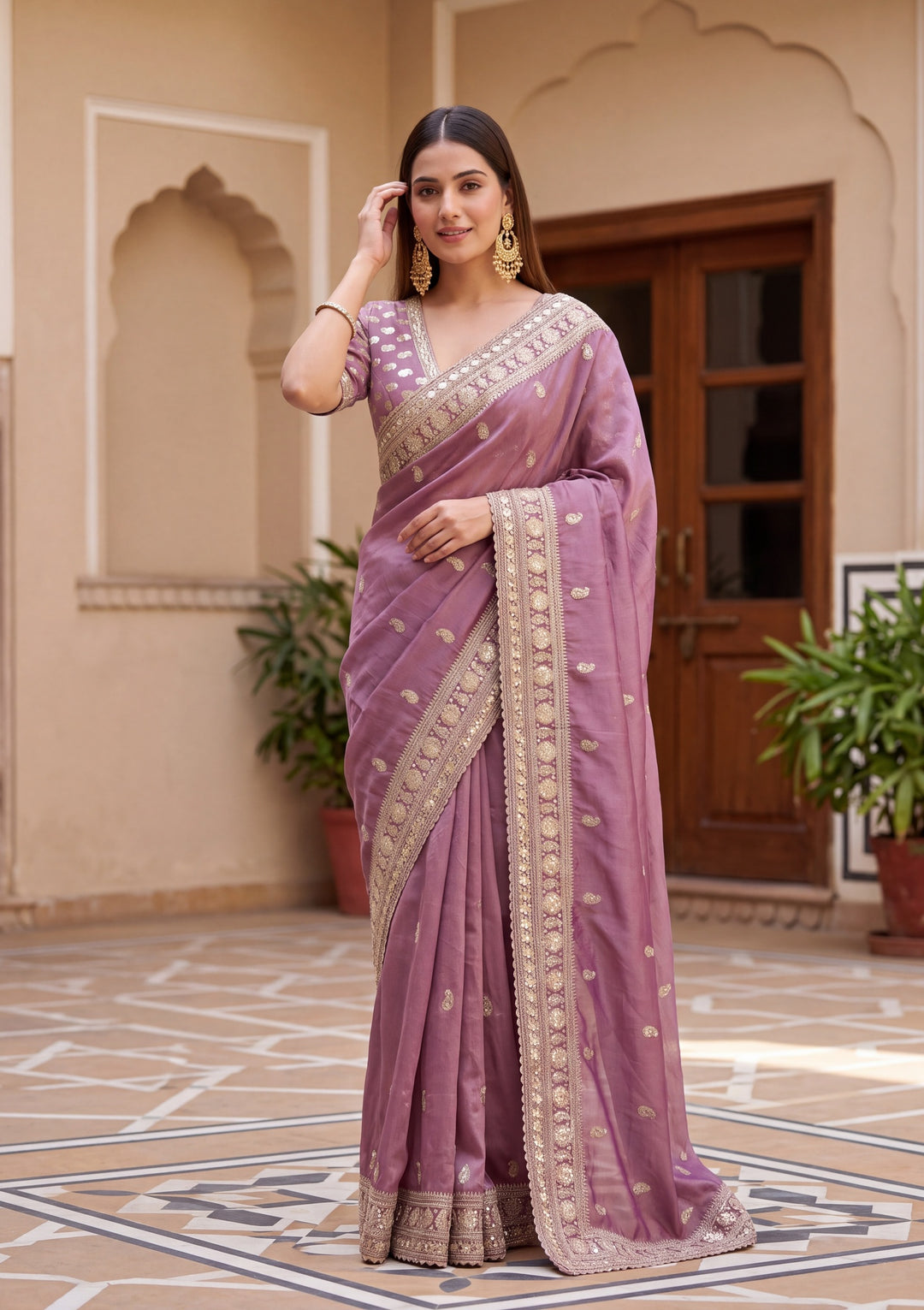 Dark Lavender Tissue Sequins Saree With Matching Blouse Piece