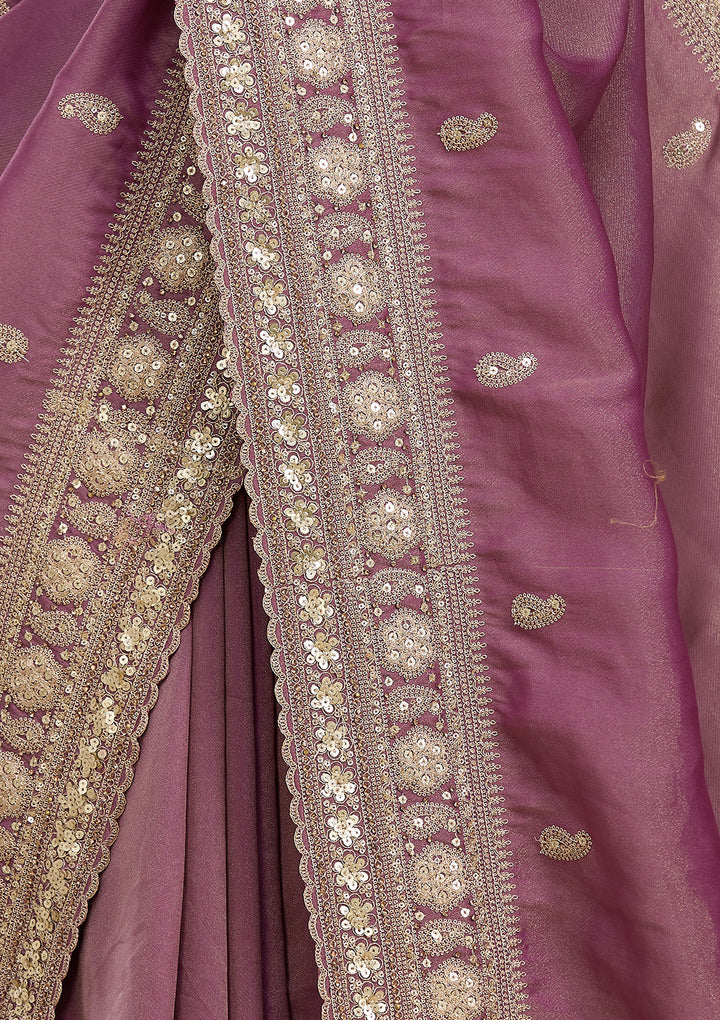 Dark Lavender Tissue Sequins Saree With Matching Blouse Piece