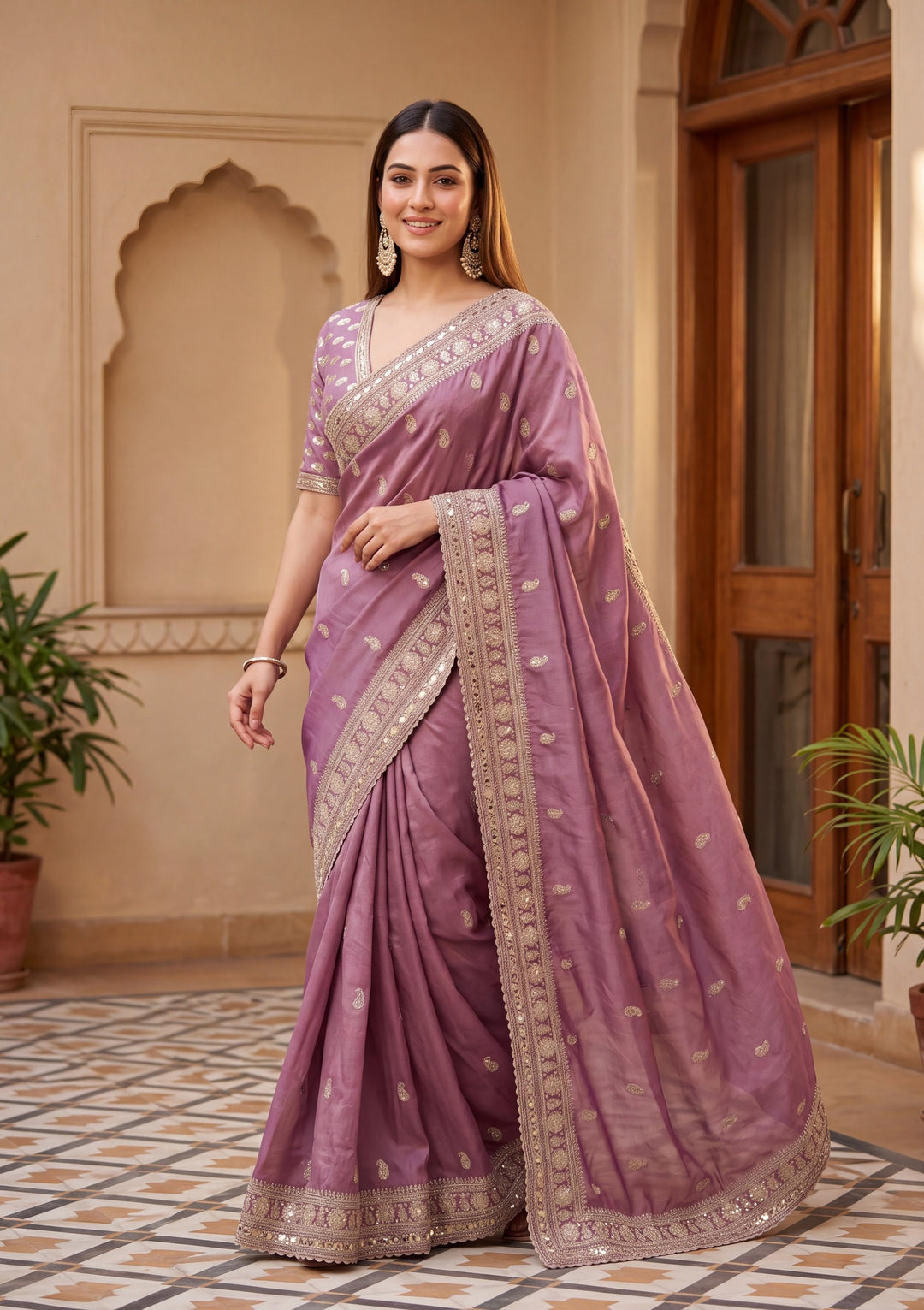 Dark Lavender Tissue Sequins Saree With Matching Blouse Piece