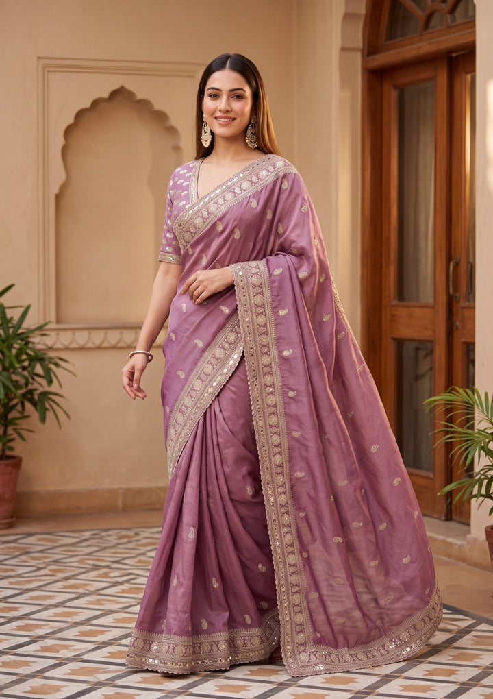 Dark Lavender Tissue Sequins Saree With Matching Blouse Piece