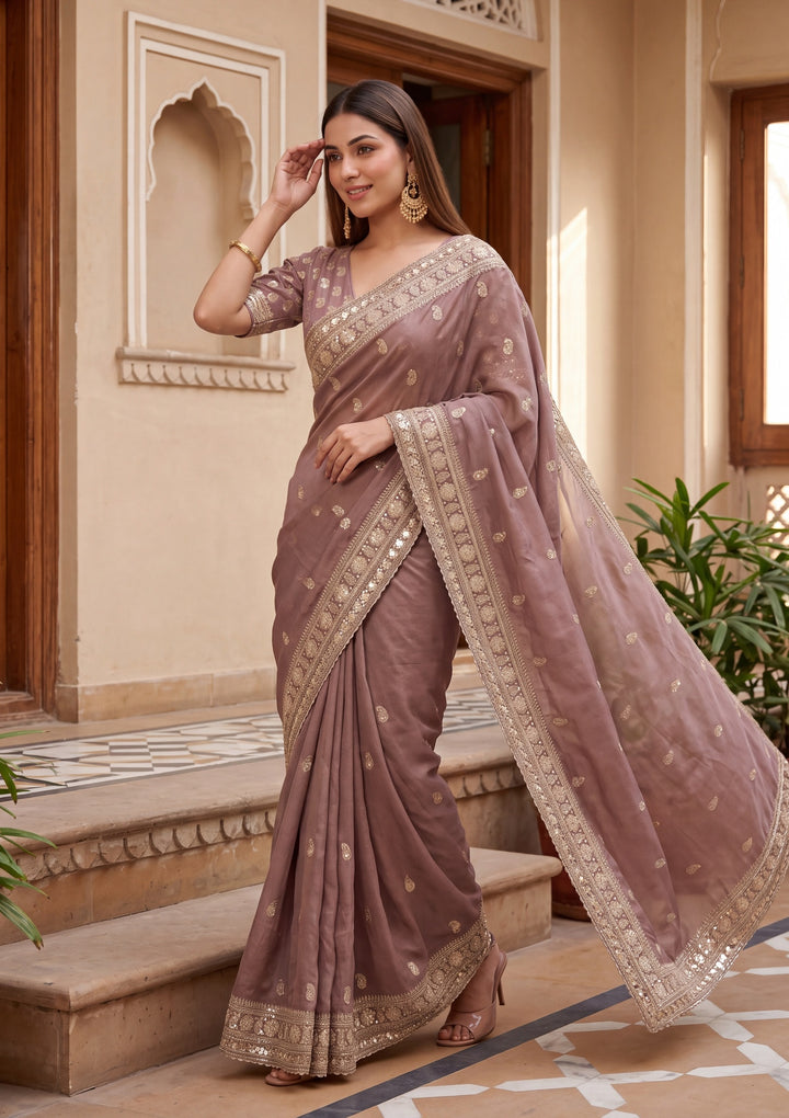 Mauve Tissue Cording Saree With Matching Blouse Piece