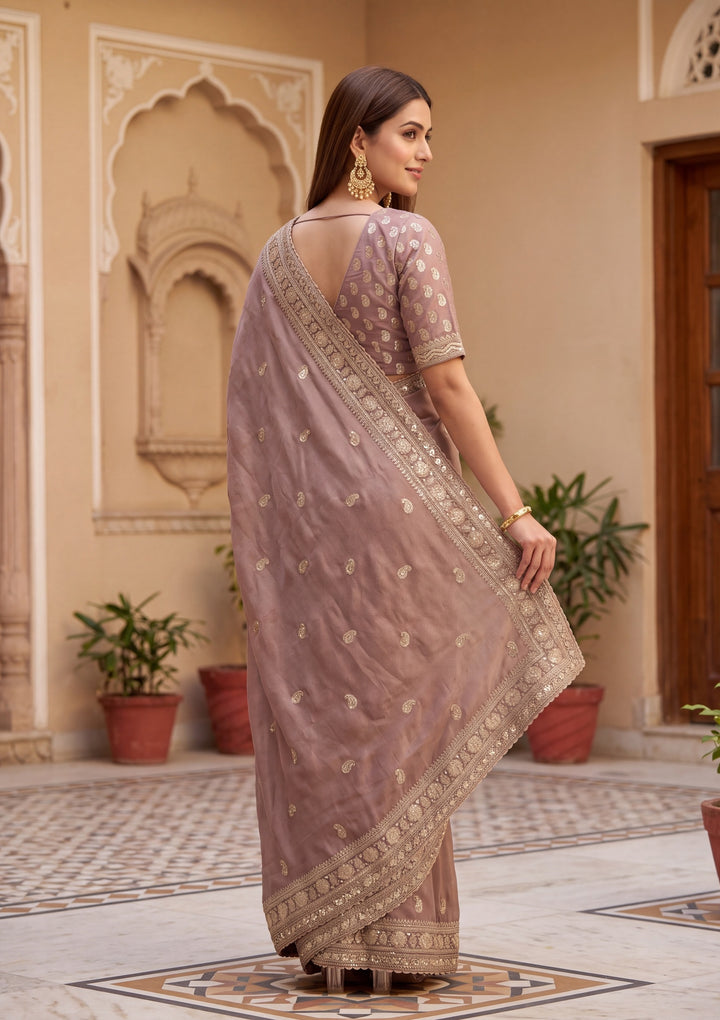 Mauve Tissue Cording Saree With Matching Blouse Piece