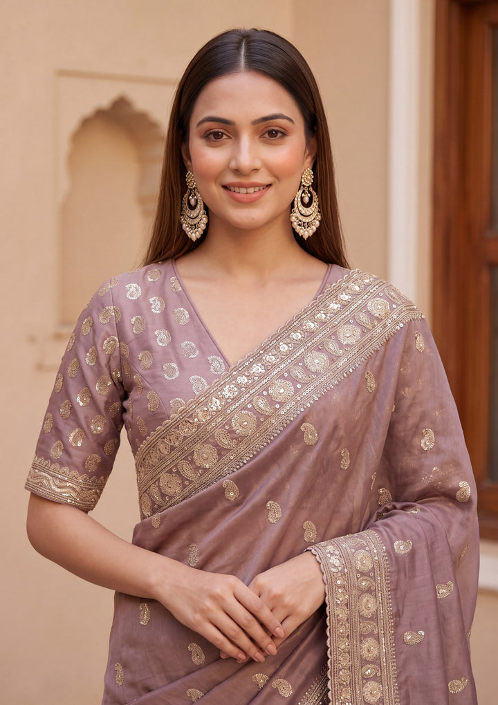 Mauve Tissue Cording Saree With Matching Blouse Piece
