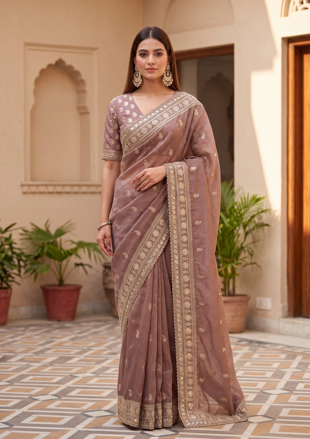 Mauve Tissue Cording Saree With Matching Blouse Piece