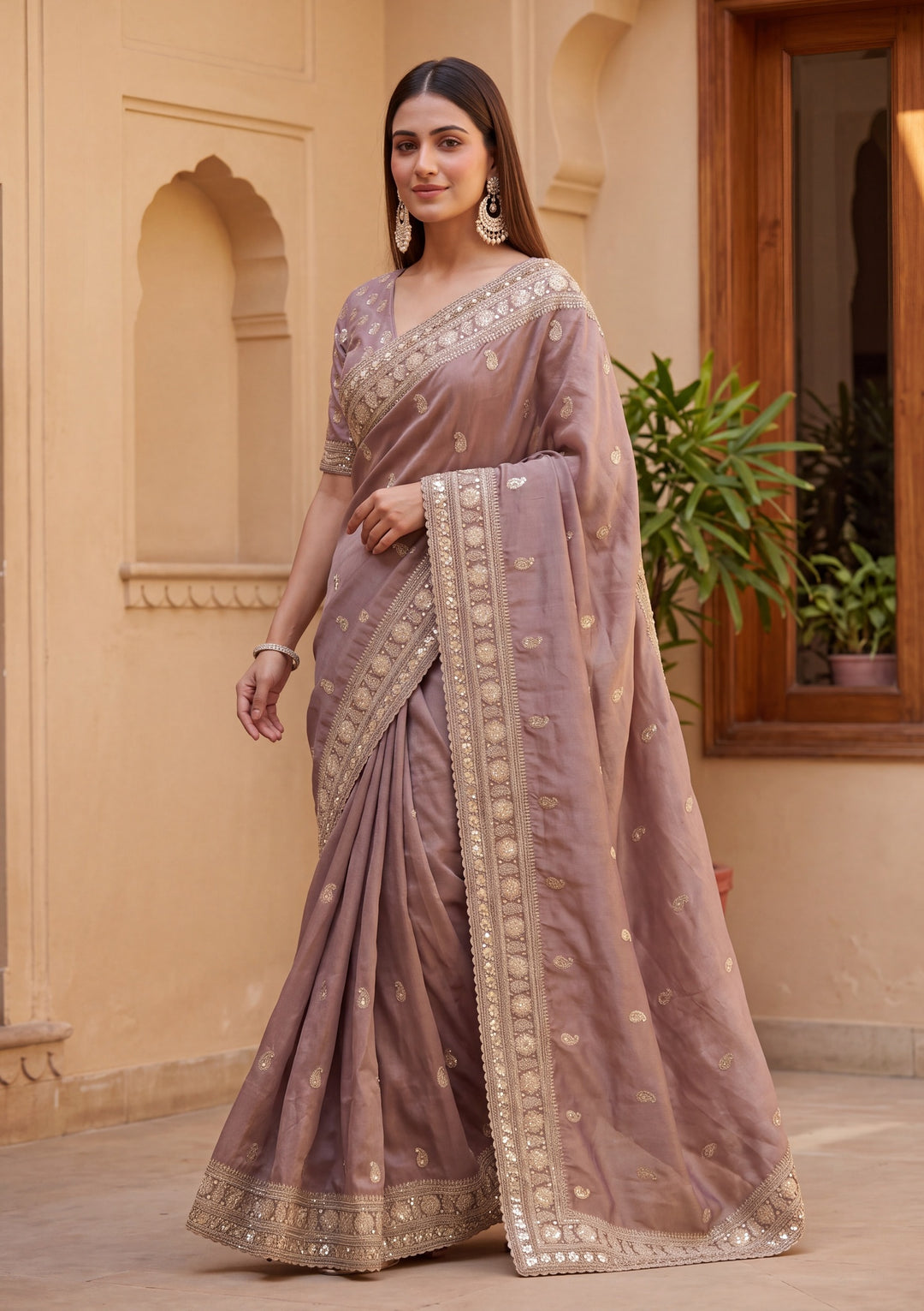 Mauve Tissue Cording Saree With Matching Blouse Piece