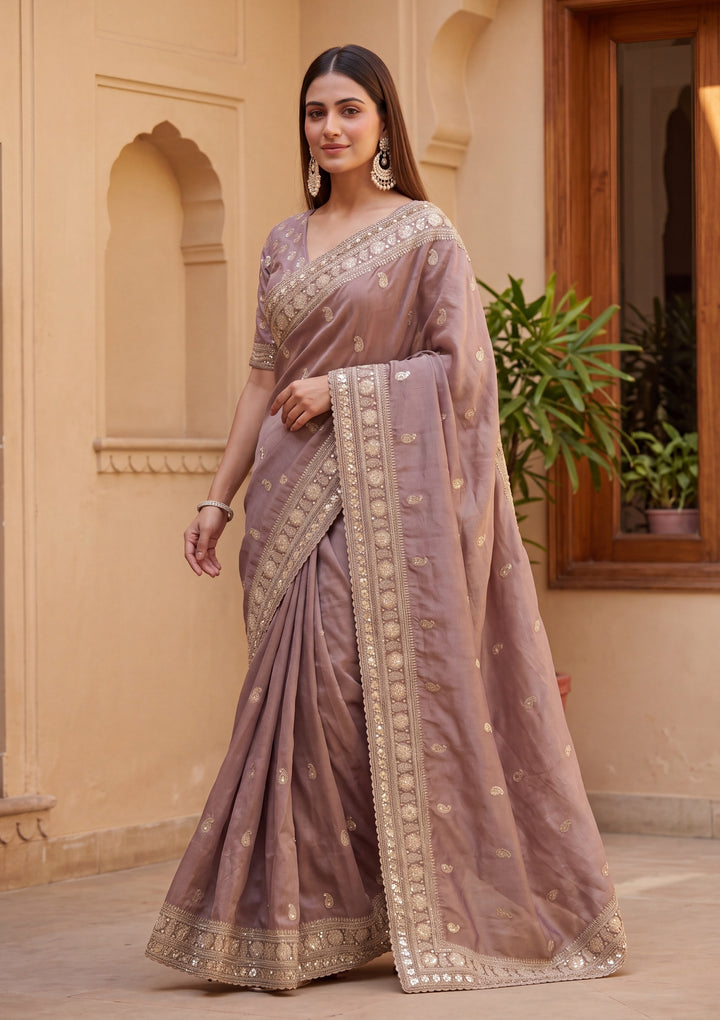 Mauve Tissue Cording Saree With Matching Blouse Piece