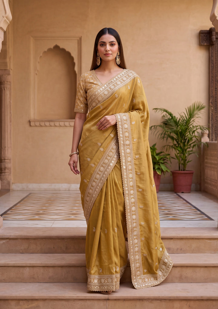 Mustard Yellow Tissue Sequins Saree With Matching Blouse Piece