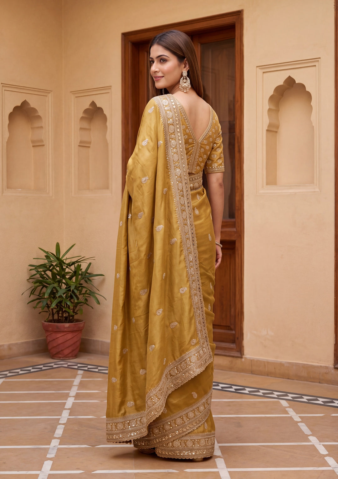 Mustard Yellow Tissue Sequins Saree With Matching Blouse Piece