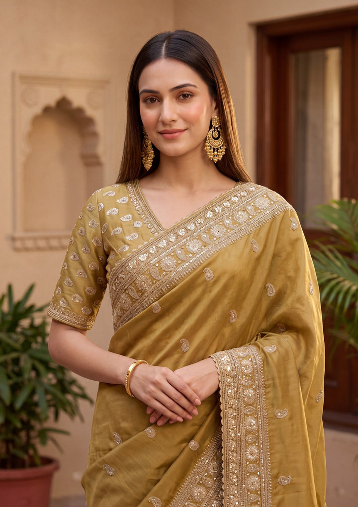 Mustard Yellow Tissue Sequins Saree With Matching Blouse Piece