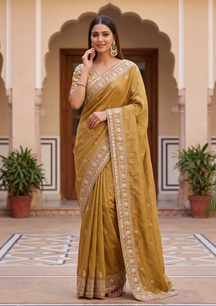 Mustard Yellow Tissue Sequins Saree With Matching Blouse Piece