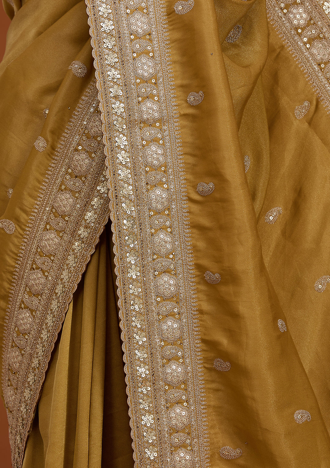 Mustard Yellow Tissue Sequins Saree With Matching Blouse Piece