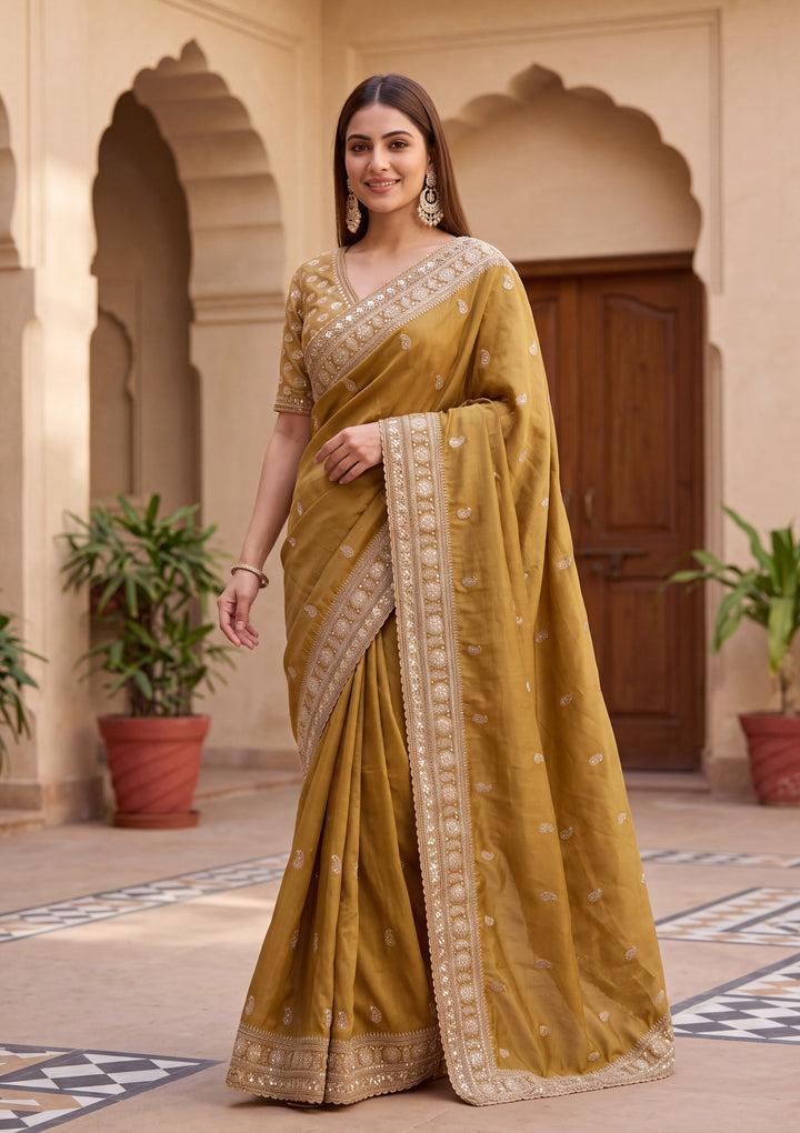 Mustard Yellow Tissue Sequins Saree With Matching Blouse Piece