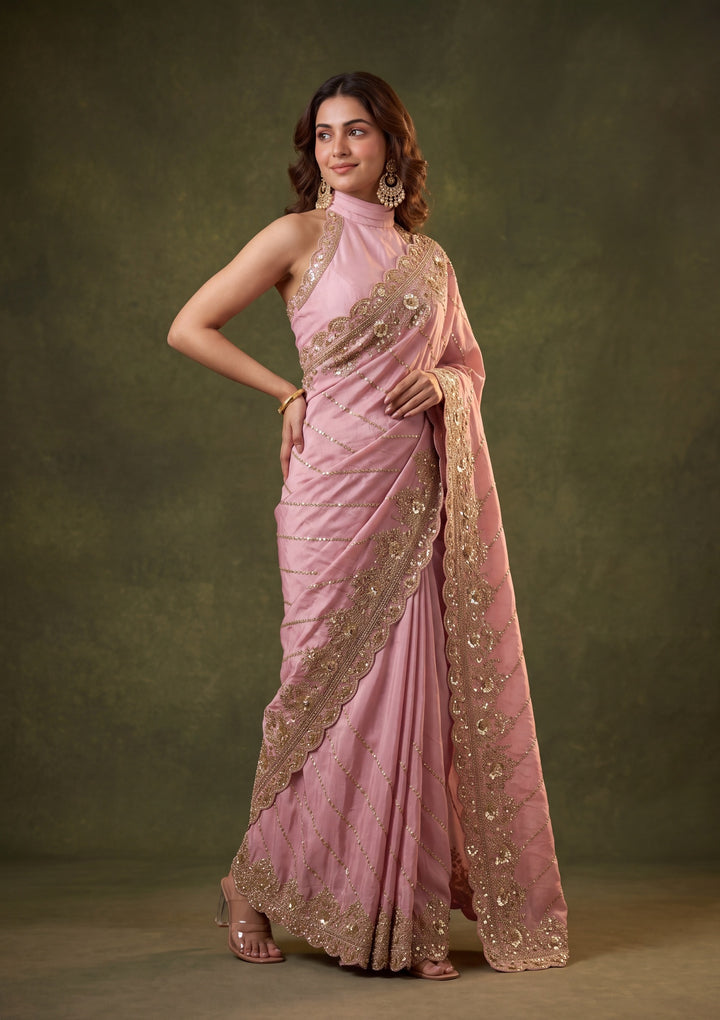 Baby Pink Tissue Sequins Saree With Matching Blouse Piece